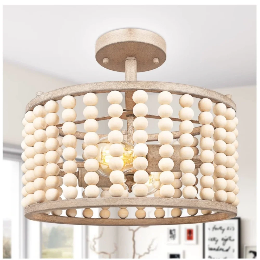 Bohemian Rustic Cream Beaded Ceiling Light Fixture.